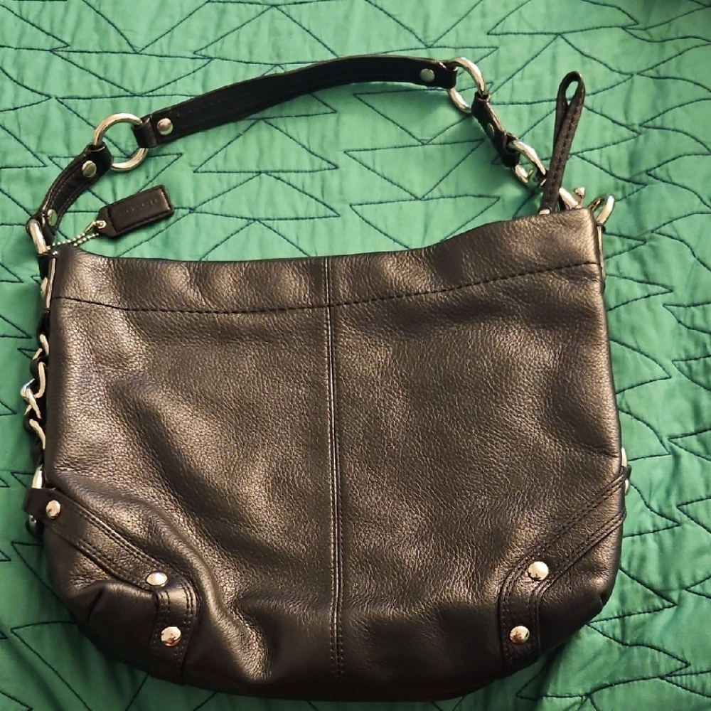 Coach Black Leather Shoulder Bag with Silver Accents